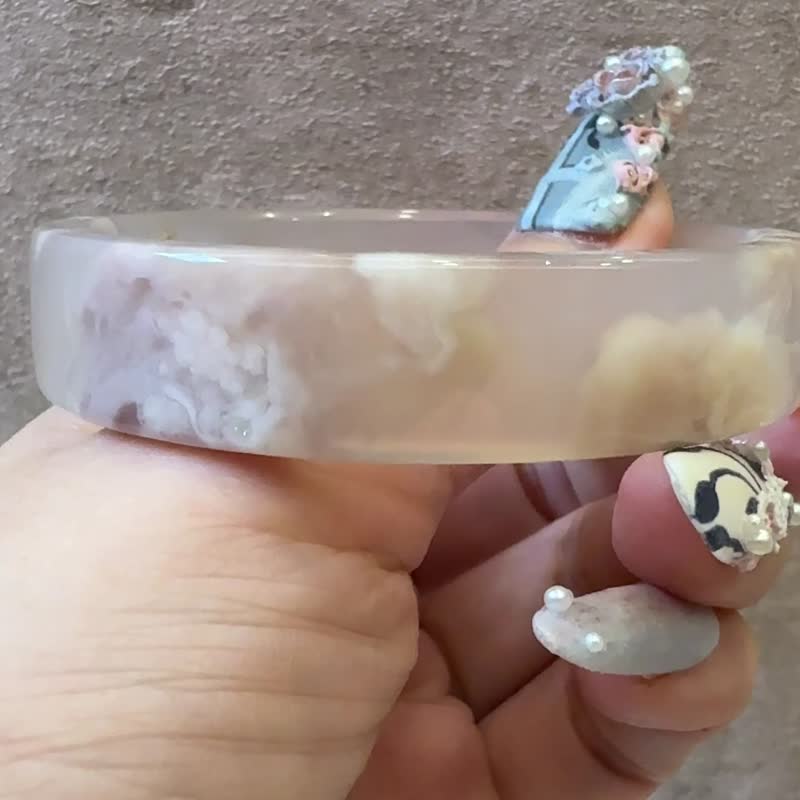 櫻花瑪瑙手鐲 瑪瑙手鐲稀有方鐲溫柔紫粉花仙氣冰底氣質54-55圈口 - 手鍊/手環 - 玉石