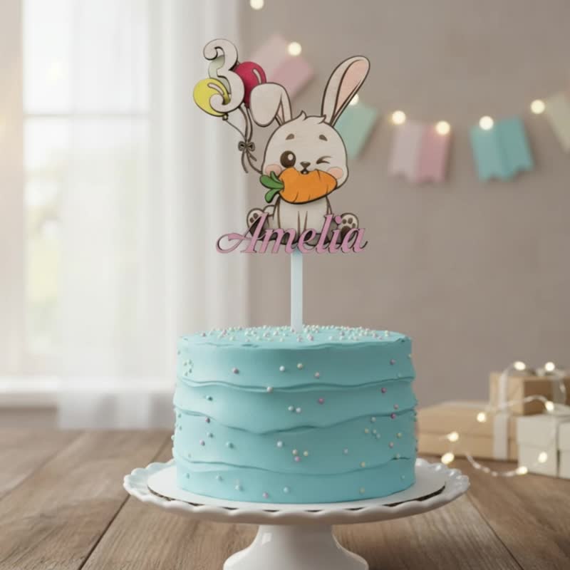 Rabbit Wood Custom Cake Topper - Hand Painted Birthday Keepsake - Custom Name - 寶寶/兒童餐具/餐盤 - 木頭