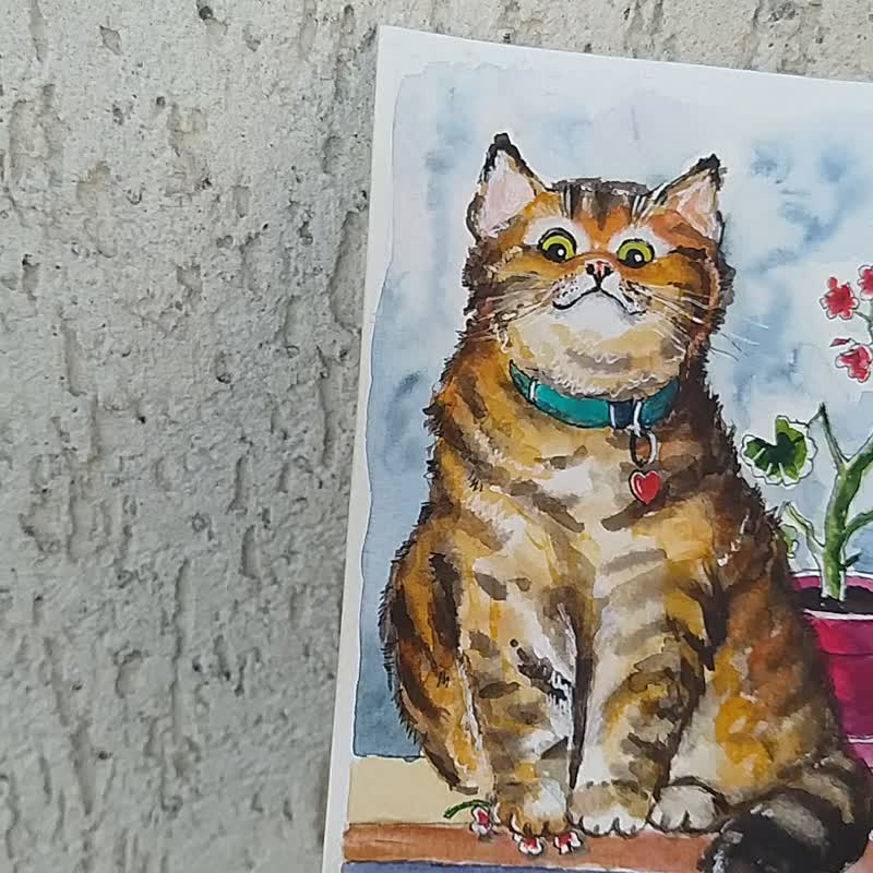Cat Painting Geranium Original Art Flower Watercolor Artwork Small Wall Art Pet - Posters - Paper Multicolor