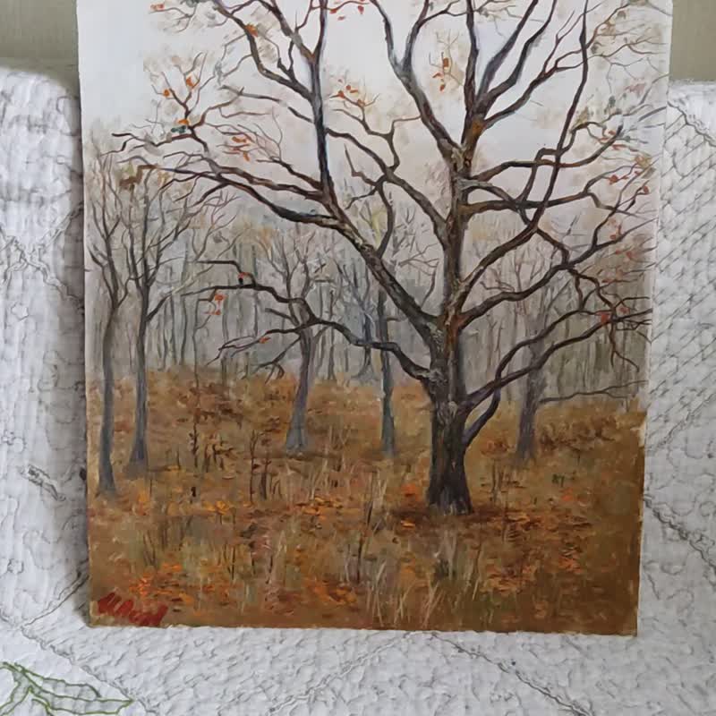 Oak tree painting Original Art Forest landscape Fall artwork - 海報/掛畫/掛布 - 其他材質 咖啡色
