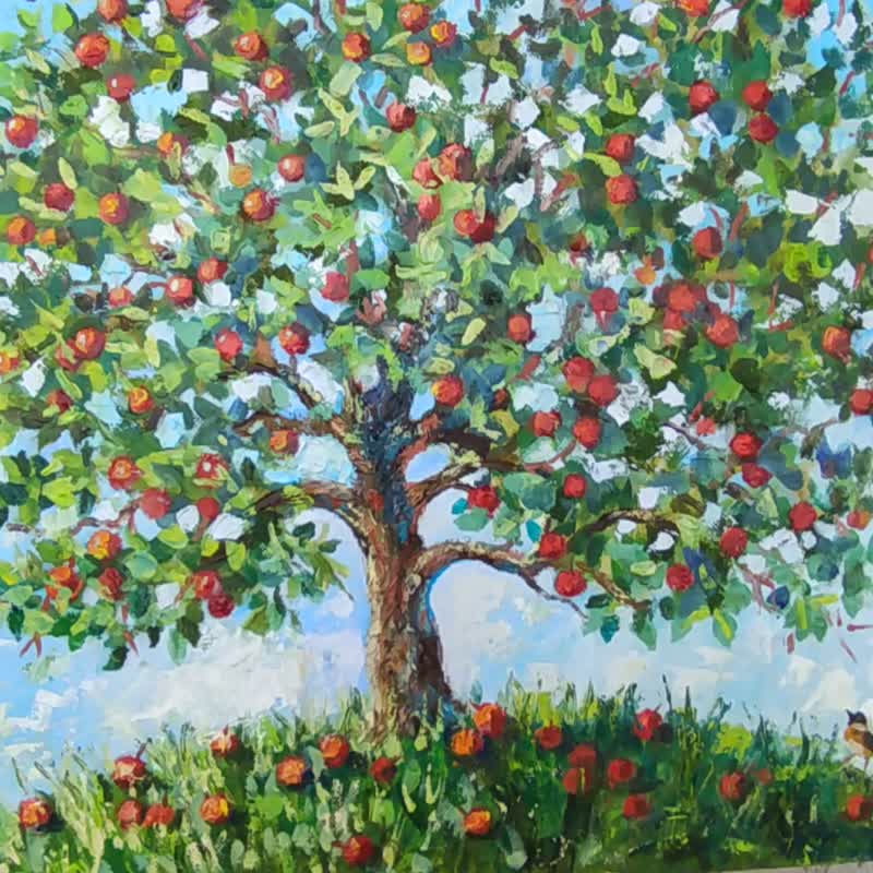 Apple Tree Painting Fruit Garden Original Art Canvas Tree Wall Art Bird Painting - Posters - Cotton & Hemp Green