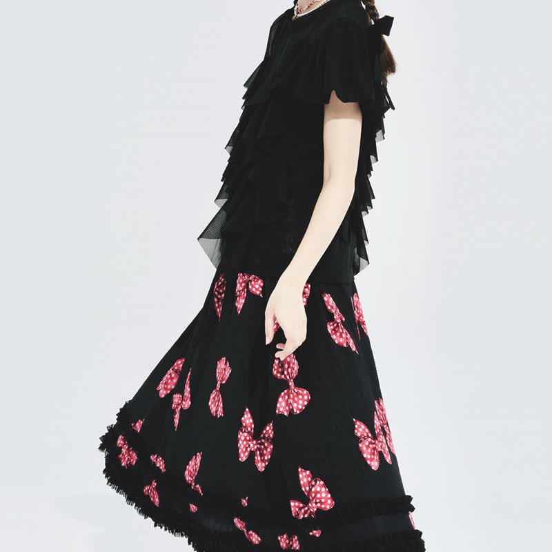 粉紅蝴蝶結黑色壓皺半身裙 / 裙子 - 裙子/長裙 - 其他材質 黑色