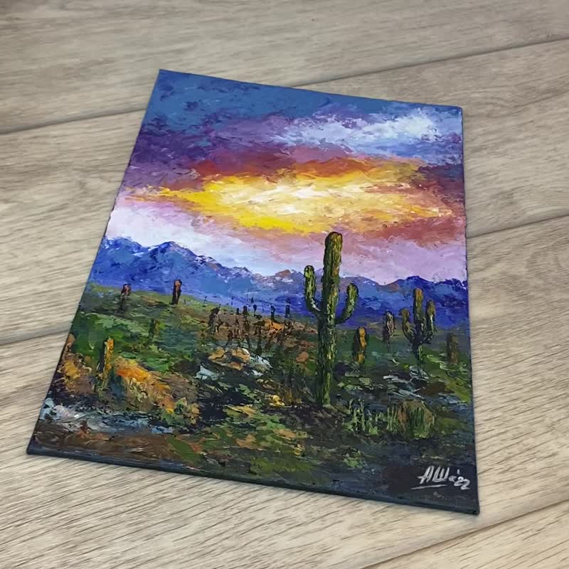 砂漠の風景画 オリジナルアクリル画 サボテンアート 夕焼けの空アート - ウォールデコ・壁紙 - その他の素材 多色