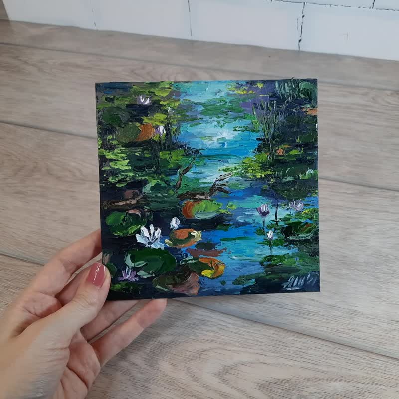 Pond painting Water lily painting Original oil painting Small wall art Abstract - Posters - Other Materials Green