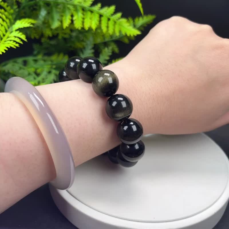 高品質天然金曜石手串16mm大顆粒顆顆帶眼金色黑曜石手錬男女單圈 - 手鍊/手環 - 半寶石 金色