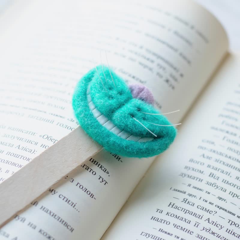 Felted Cheshire Cat Smile Bookmark | Perfect Gift for Book Lovers, Teachers - Bookmarks - Wool Blue