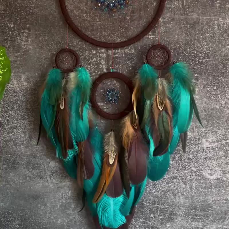Large Boho Dreamcatcher with Turquoise and Brown Feathers – Handmade Wall Decor - Wall Décor - Thread Green