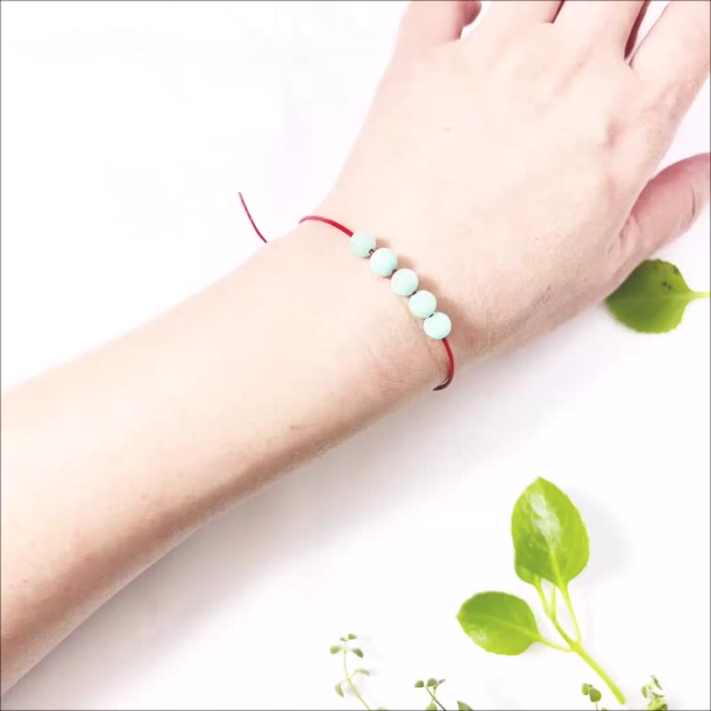 Amazonite March Lucky Leather Bracelet Quintuple Gems Blessing Red Cord - Bracelets - Gemstone Blue