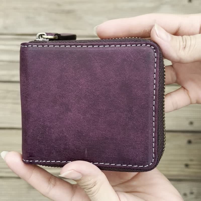 [Customized Engraving] Italian nubuck leather zippered leather short clip/wallet in 7 colors as a graduation season gift - Wallets - Genuine Leather Purple