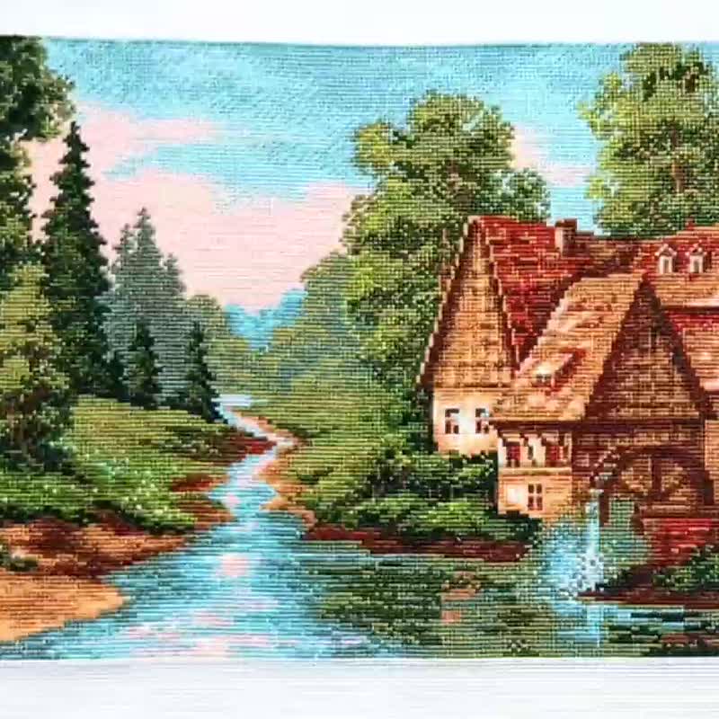 Finished Cross Stitch: Countryside Scenes with Old Stone Mill and English Cottag - Wall Décor - Cotton & Hemp Multicolor