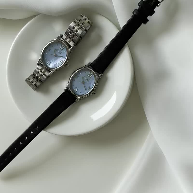 Ven&Qu Gem (SET) Silver/Aquamarine + Black Leather - Women's Watches - Other Metals Silver