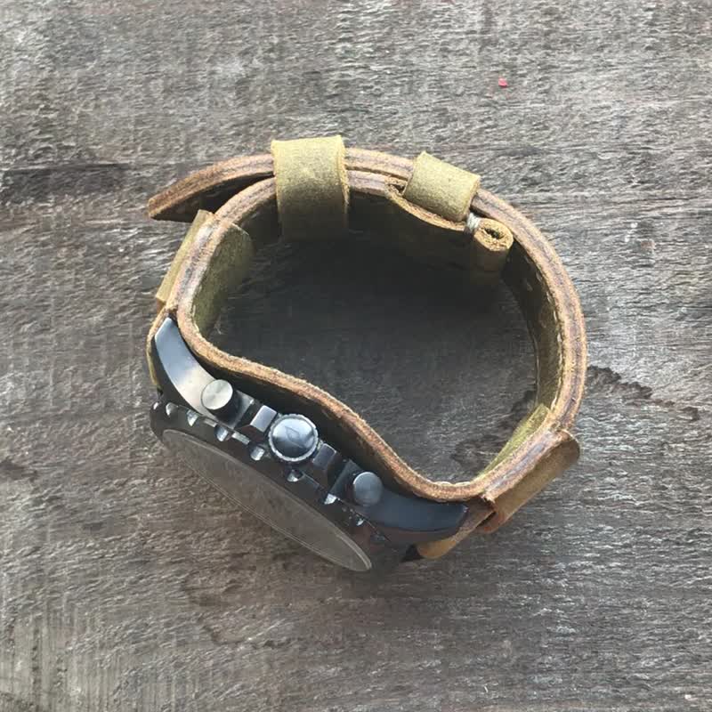 Handcrafted Full Bund Cuff Leather Watch Strap - Custom Made with Soft and Suppl - สายนาฬิกา - หนังแท้ สีกากี