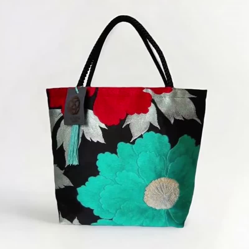 獨一無二100%絲質和服袋帶托特包 | 手工刺繡 | 日本藝術手提包 - 手提包/手提袋 - 絲.絹