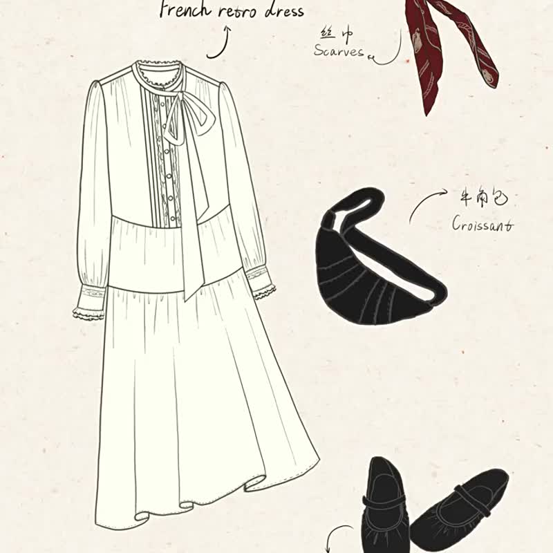 米白色 沙丘織息 法式復古木耳領洋裝 氣質蕾絲連身裙 繫帶長裙 - 洋裝/連身裙 - 其他人造纖維 白色