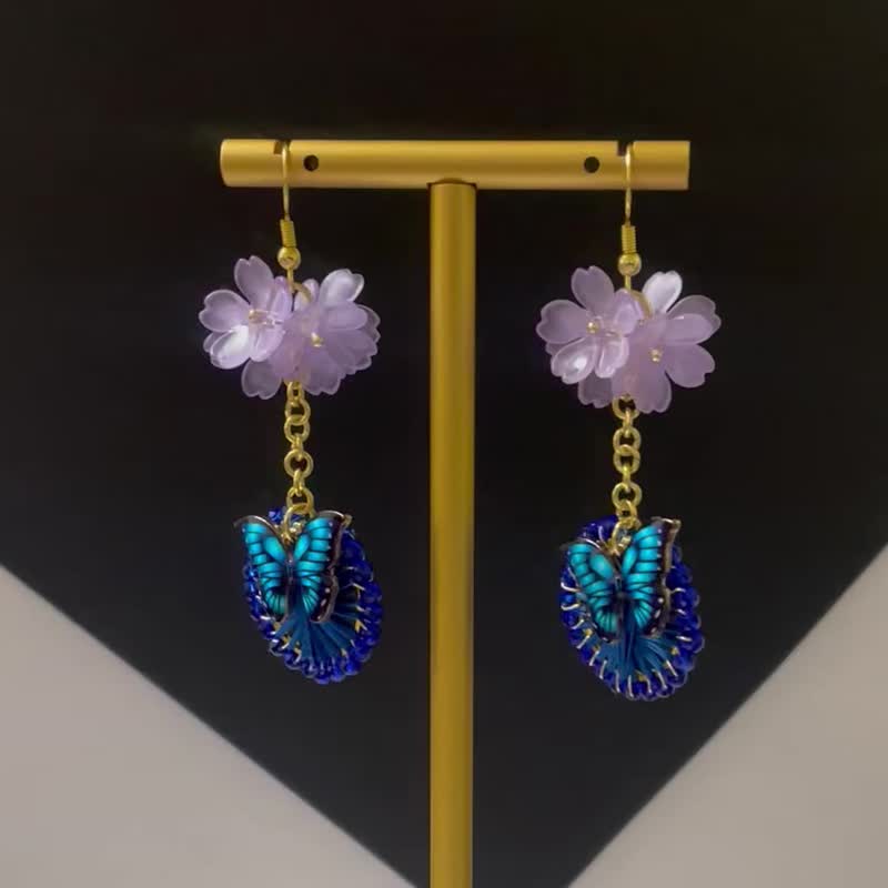 Earrings with sparkling blue butterfly and sapphire colored Bohemian glass beads - Earrings & Clip-ons - Thread Blue