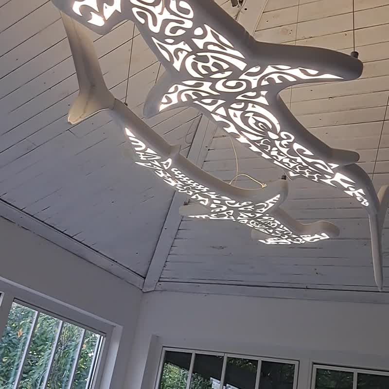 Handmade wood ceiling chandelier with 2 hammerhead sharks - Lighting - Wood White