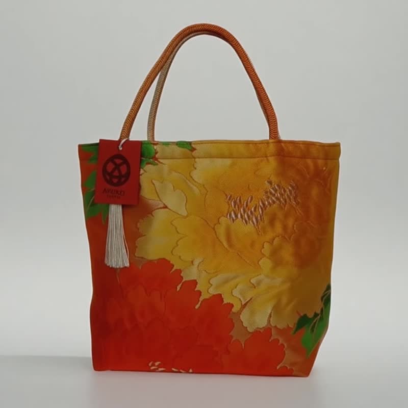 獨一無二真絲和服袋帶托特包, 日本手工刺繡升級改造包, 和風藝術 - 手提包/手提袋 - 絲.絹 橘色