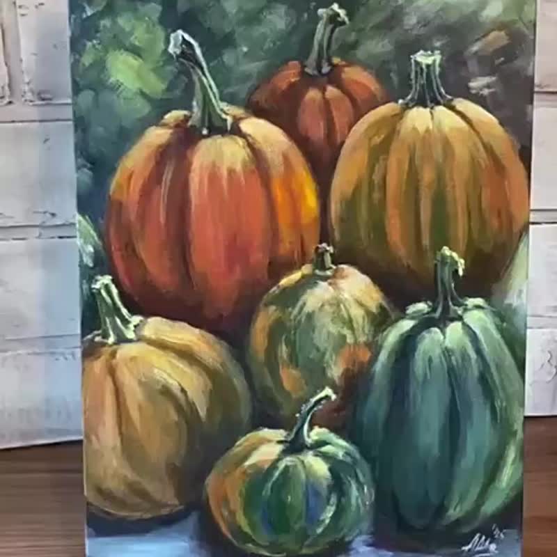Pumpkin painting Autumn still life Small acrylic painting Vegetables art - 海報/掛畫/掛布 - 其他材質 多色