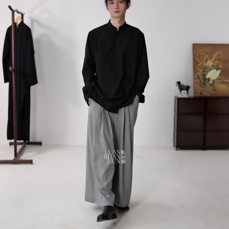 Luanshanhun 新しい中国風オリジナルの光沢のあるグレーの柔らかいマルチプリーツデザインの質感、毎日の通勤パンツとスカート、春と秋に多用途 - パンツ メンズ - ポリエステル グレー