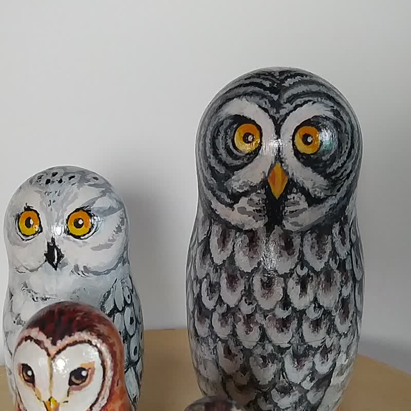 Matryoshka Owl Wood Nesting Dolls Birds Painting Original Art Wood Dolls - Items for Display - Wood Gray