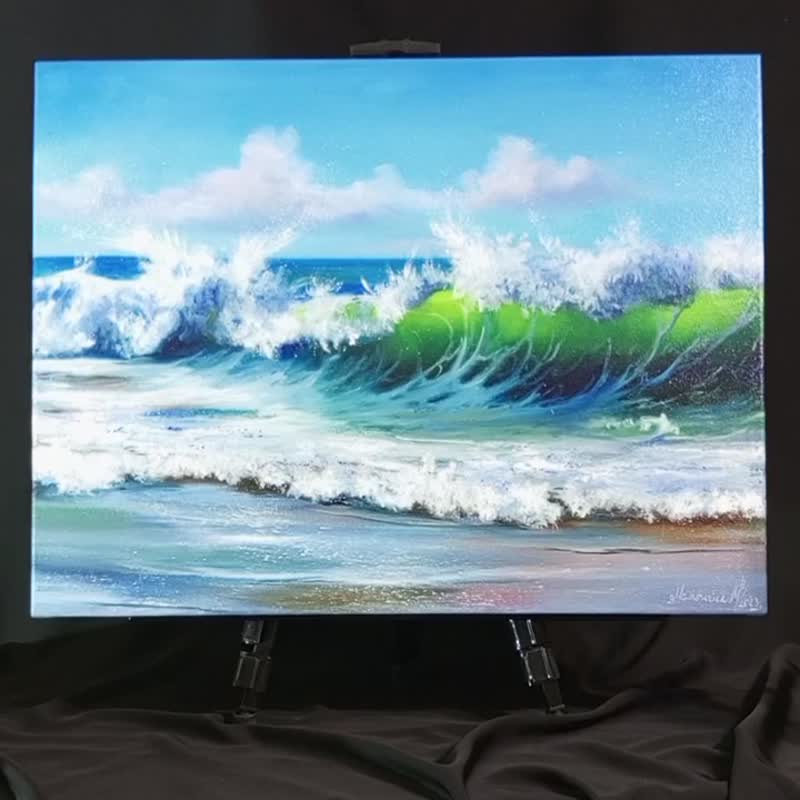 Painting Seascape with a wave. A large oil painting. size 50cm x 65cm. Wall art. - โปสเตอร์ - วัสดุอื่นๆ สีใส