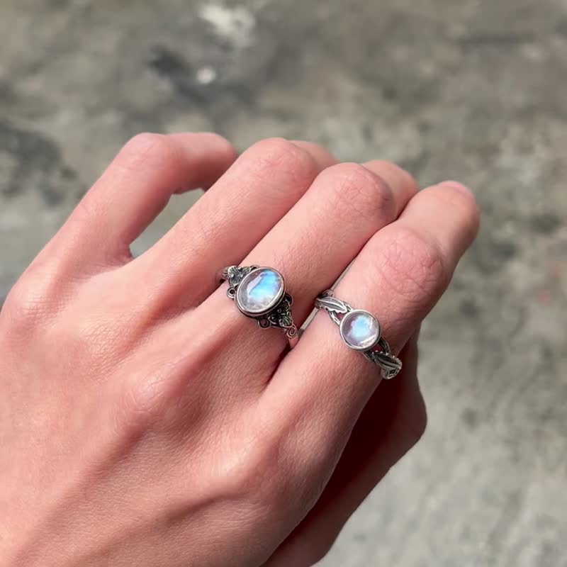 喜迎瑤 925銀 月光石 天然石 活口 戒指 民族風 復古 嬉皮 男女 - 戒指 - 水晶 銀色