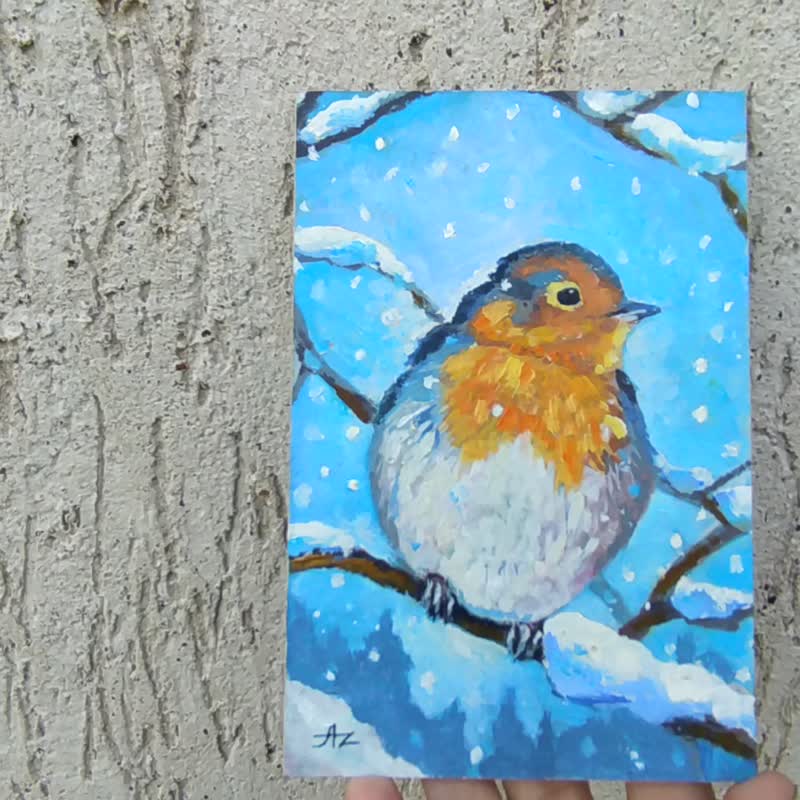 Robin Painting Bird Original Art Snowfall Oil Artwork Birds Wall Art Winter - Posters - Other Metals Multicolor