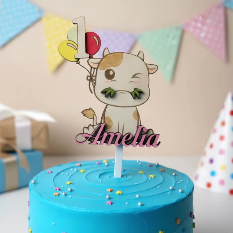 Cow Wood Custom Cake Topper - Hand Painted Birthday Keepsake - Custom Name - 寶寶/兒童餐具/餐盤 - 木頭