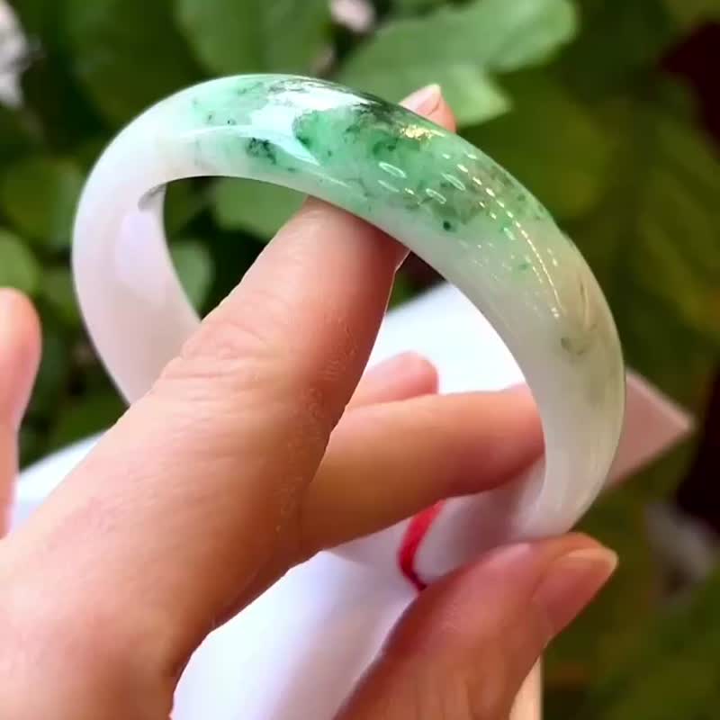 冰種 緬甸翡翠 天然A玉 玉鐲 • 白瓷底青翡翠福鐲 - 手鍊/手環 - 玉石 白色