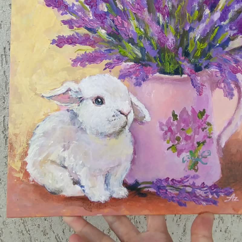 Lavender Painting White Rabbit Original Art Still Life Provence Floral Art Oil - โปสเตอร์ - วัสดุอื่นๆ สีม่วง
