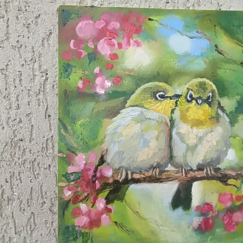 メジロ 絵画 カップル鳥オリジナル アート 開花中の 2 羽の鳥 - ポスター・絵 - その他の素材 イエロー