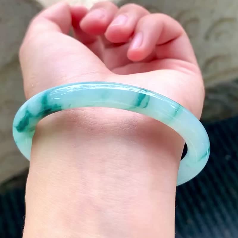 冰種翡翠天然翡翠玉鐲 A玉手鐲玉鈪 • 冰種藍飄花翡翠圓鐲 - 手鍊/手環 - 玉石 藍色