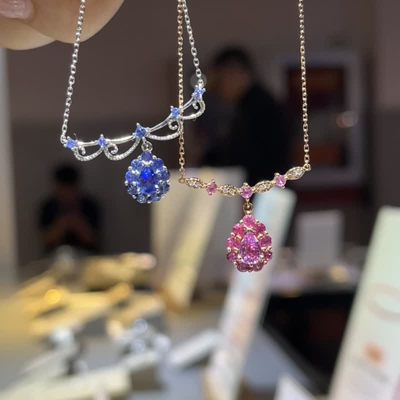 紅粉詠嘆蕾絲金珠天然石剛玉彩色寶石粉色藍寶石18k金藍寶石項鍊 - 項鍊 - 寶石 粉紅色