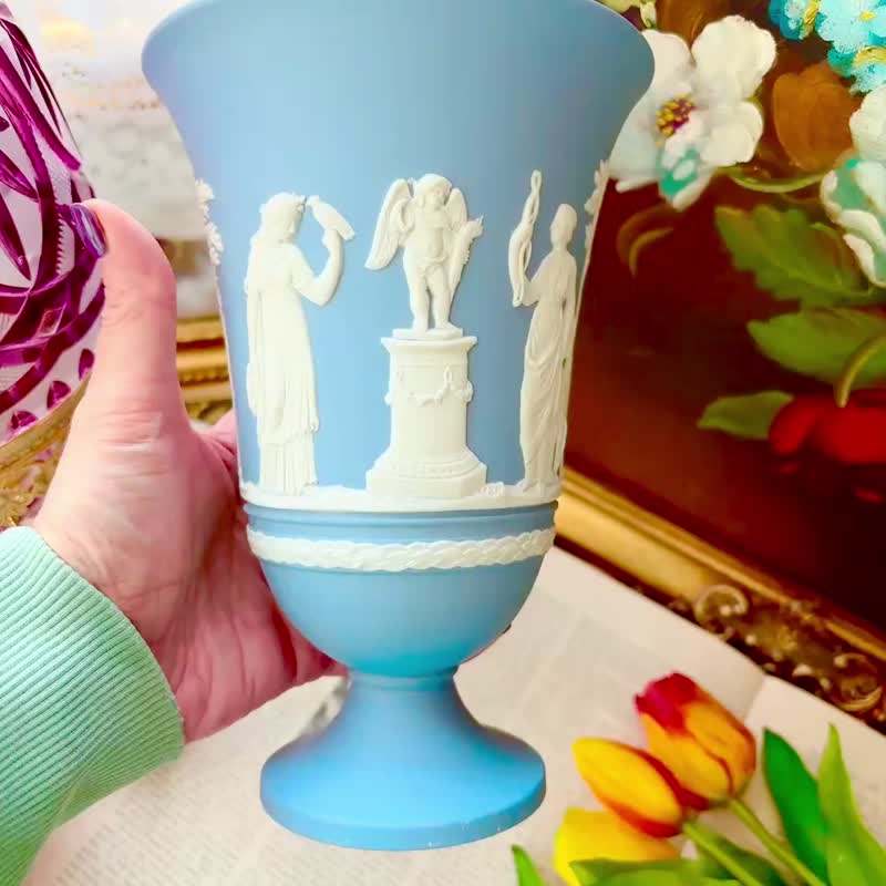 英國製 Wedgwood Jasper 碧玉浮雕希臘神話圖騰大尺寸花瓶 花器 - 花瓶/花器 - 瓷 藍色