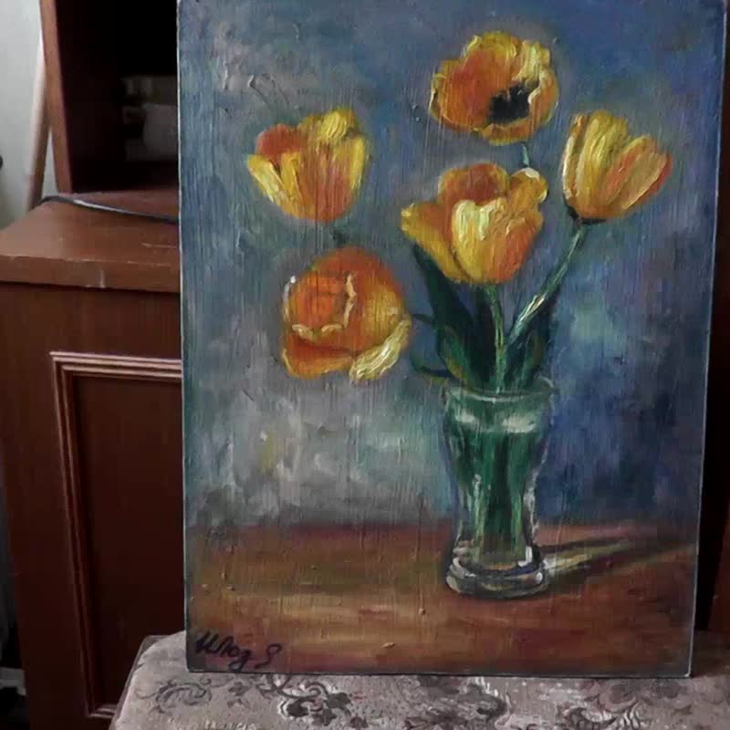Yellow tulip painting Original Art Floral Still life Flowers in vase artwork - Posters - Other Materials Yellow