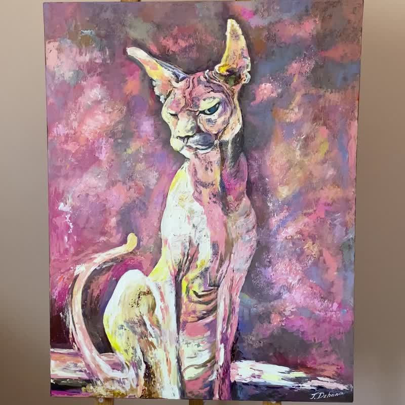 Egyptian Pink Sphinx Cat. Original Oil Painting on Stretched Canvas. - โปสเตอร์ - วัสดุอื่นๆ หลากหลายสี