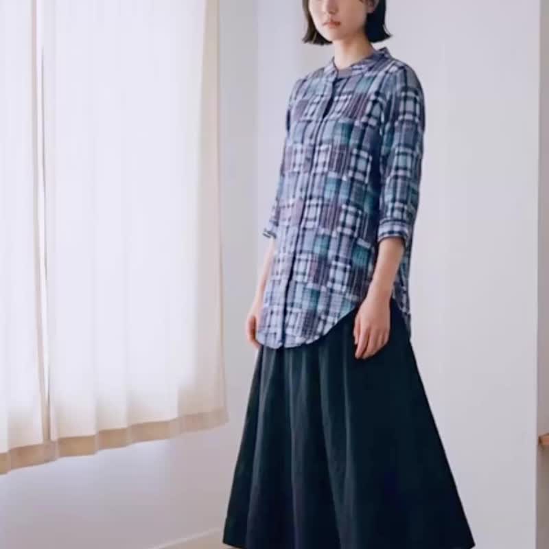 Soft Woven Cotton Plaid Shirts - 3/4 Sleeve - 女襯衫 - 棉.麻 藍色