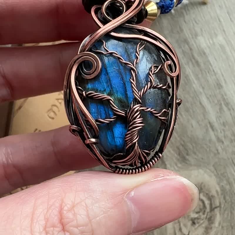 WW262 全手工編織 繞銅線復古做舊 wire wrap 生命之樹拉長石吊咀 - 項鍊 - 銅/黃銅 咖啡色
