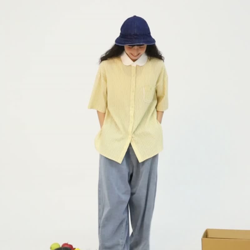 oddmaker original cream yellow textured shirt women's summer Japanese retro loose niche design top - Women's Shirts - Cotton & Hemp 