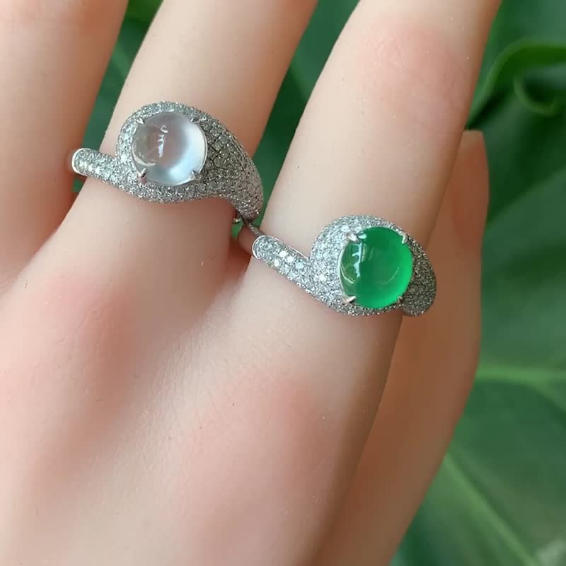 Green Ling | Glass radiant ice sun green / 18K / real diamond | natural grade A jadeite ring - General Rings - Jade Green