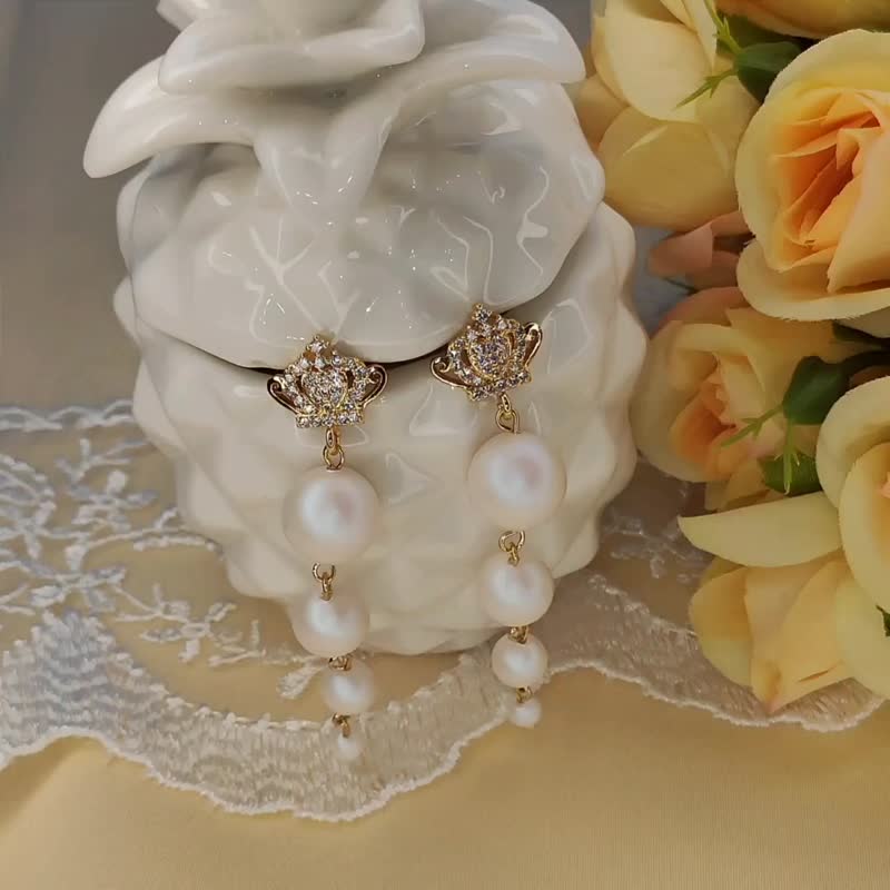 Long Gold Dangle Pearl Swarovski Earrings, Queen Pearl Drop Stud Crown Earrings - Earrings & Clip-ons - Pearl White