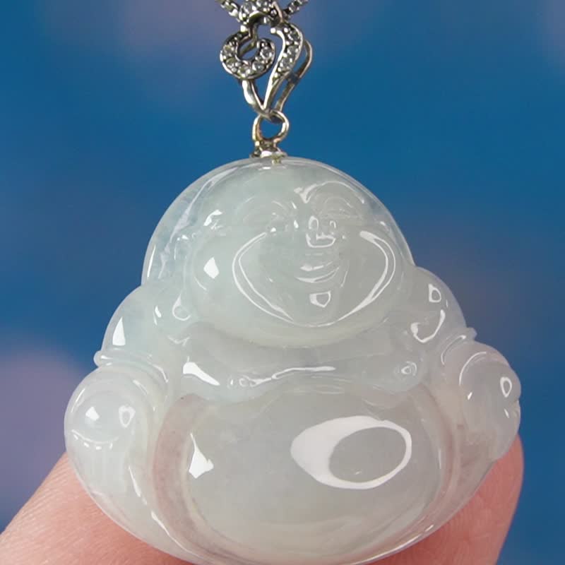 Ice jade Maitreya Buddha necklace 925 sterling silver pendant | Natural Burmese jade jade A goods - Necklaces - Jade Transparent