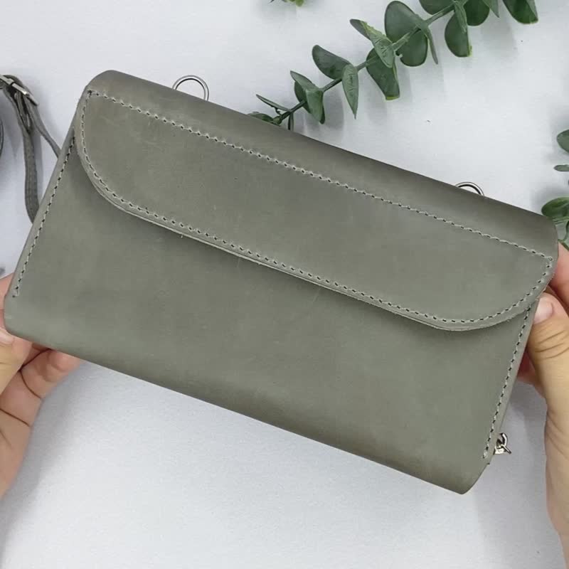 Small Leather Crossbody Bag Wallet/ Womens Shoulder Purse/ Phone Bag with Zipper - 側背包/斜孭袋 - 真皮 灰色