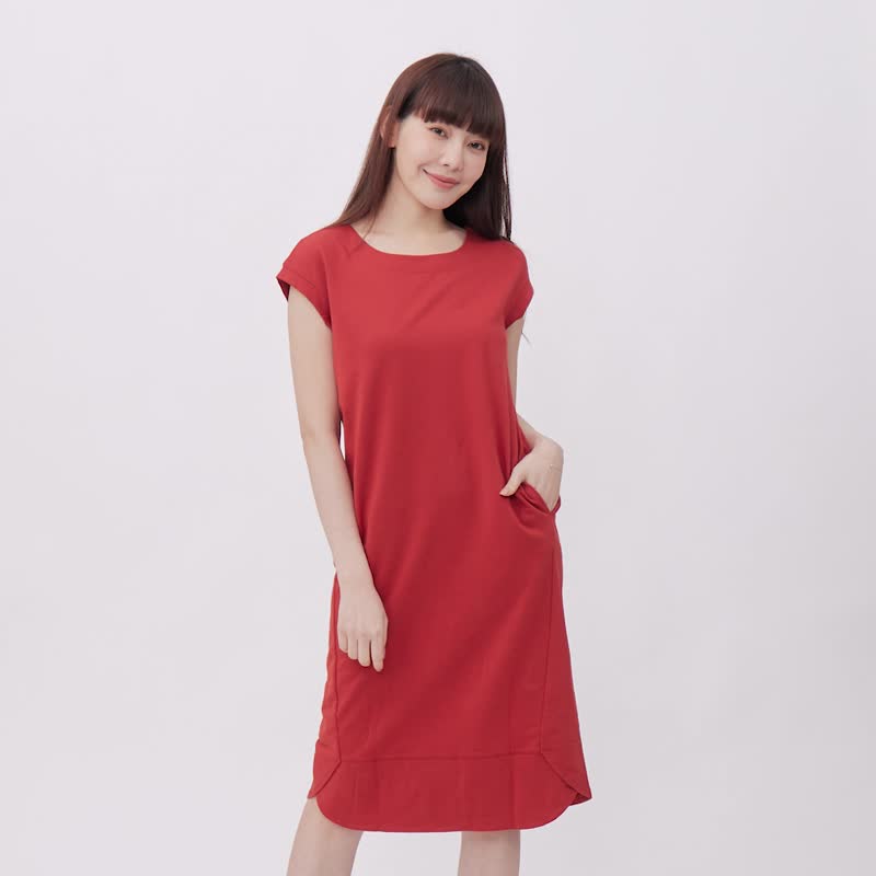 French terry Sleeveless Midi Length Plain Dress / Red - One Piece Dresses - Cotton & Hemp Red
