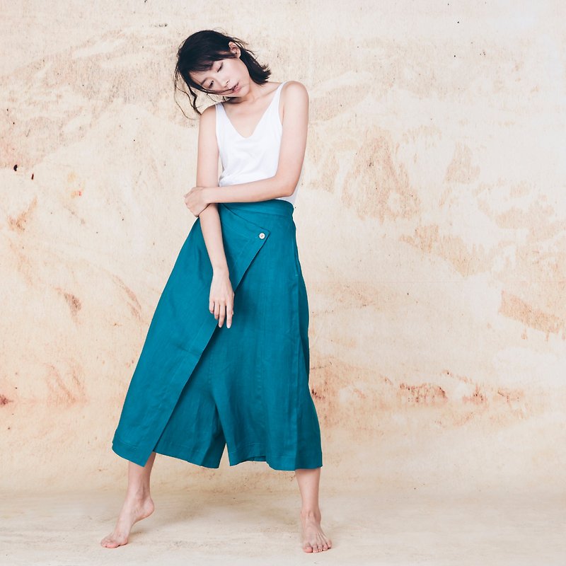 Handmade drop-crotch culottes - Turquoise - กางเกงขายาว - ผ้าฝ้าย/ผ้าลินิน สีเขียว