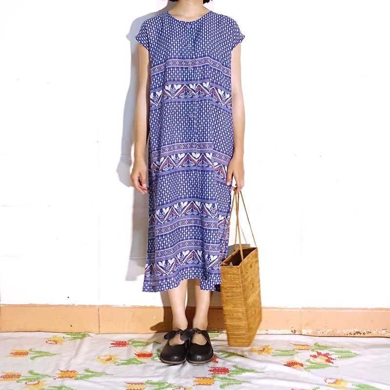 BajuTua / vintage / old blue diamond pattern Floral Dress - One Piece Dresses - Cotton & Hemp Blue
