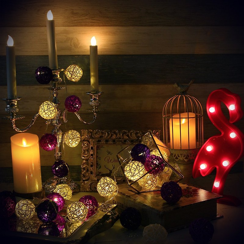 創意燈飾 籐球燈串 電池款 紫色戀人 長度2M LED氣氛燈 聖誕節 - 燈具/燈飾 - 竹 紫色