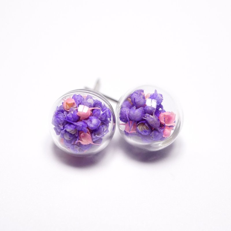 A Handmade 深紫調配粉紅霞草玻璃球耳環 - 耳環/耳夾 - 植物．花 