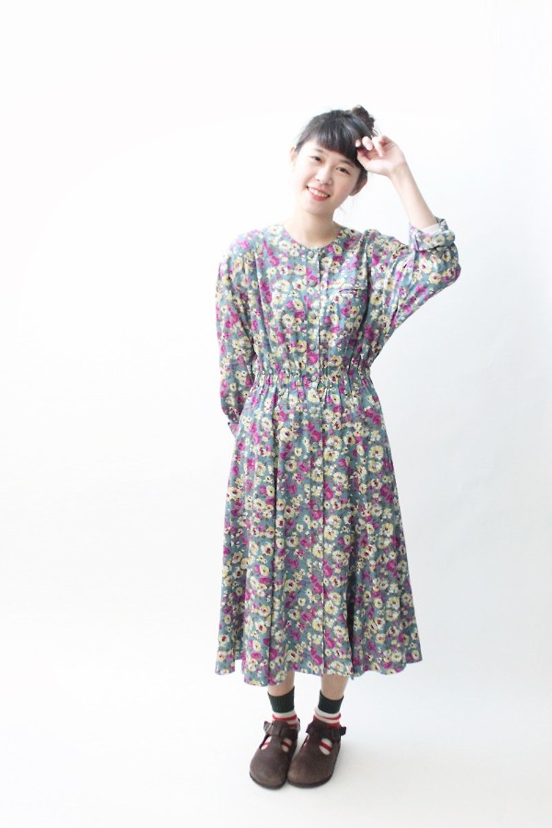 [] Early spring RE0224D616 full version of Flower Blue loose vintage dress - One Piece Dresses - Other Materials Blue