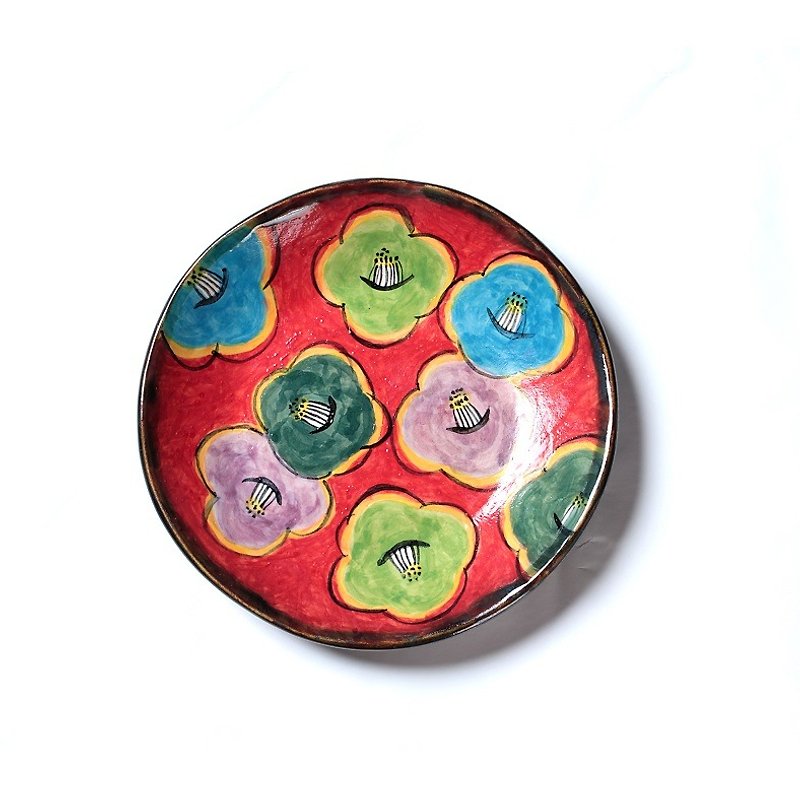 スマイル・カメリア（赤)の色絵皿 - 花瓶・植木鉢 - 陶器 レッド